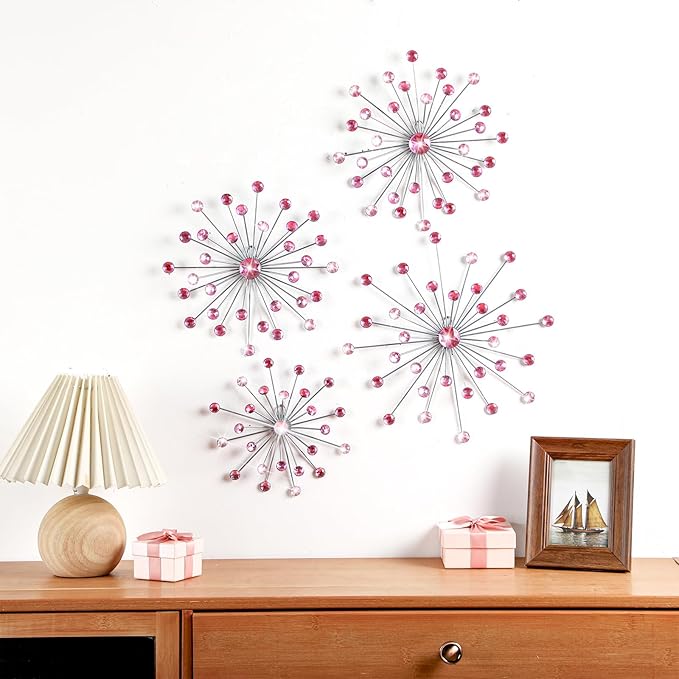 Funnymoom 4 Pcs Pink Starburst Wall Decor Metal Bling Wall Art Pink Crystal Sparkling Rhinestones Bling Decorative Hanging Diamond for Living Room Bedroom Home Office