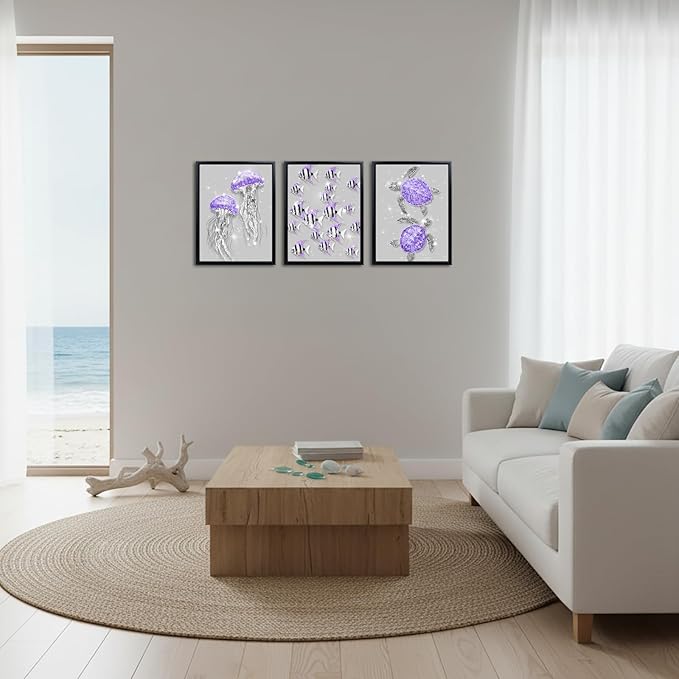 sechars Ocean Animal Wall Art Jellyfish Fish Sea Turtle Picture Prints Glam Blue and Grey Bathroom Decor Framed Artwork (Purple)