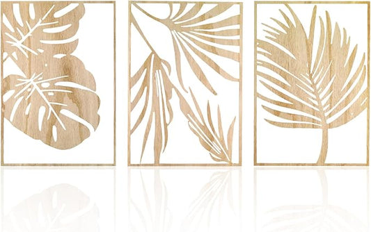 Jinzhenhong 3Pcs Modern Wooden Wall Sculptures, Leaf Sign Vintage Tropical Plant Wall, Wood Rustic Palm Leaf Wall Art Decor for Living Room Bathroom Bedroom Office (Leaf 1 Light Brown)