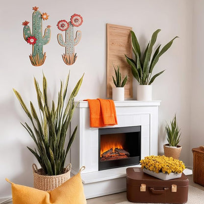flangairy 3D Cactus Wall Decor, Set of 2 Wooden Cactus Flower Picture Southwestern Wall Art, Western Room Bathroom Bedroom Nursery Kitchen Decorations for Home