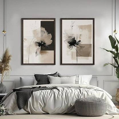 Tocliky Modern Abstract Floral Wall Art Minimalist Neutral Canvas Painting Decor Beige Cream And Black Wall Art Contemporary Flower Picture Prints for Living Room Bedroom 24x36 Inch Framed Set of 2