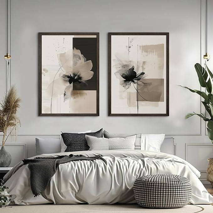 Tocliky Modern Abstract Floral Wall Art Minimalist Neutral Canvas Painting Decor Beige Cream And Black Wall Art Contemporary Flower Picture Prints for Living Room Bedroom 16x24 Inch Framed Set of 2