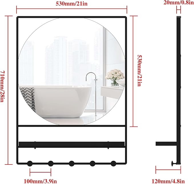 Wall Mirror with Shelf and Hooks, 21" X 28" Metal Framed Bathroom Mirror with Shelf, Decorative Mirror for Bathroom, Entryway, Bedroom, Living Room (Black, 21 x 28)