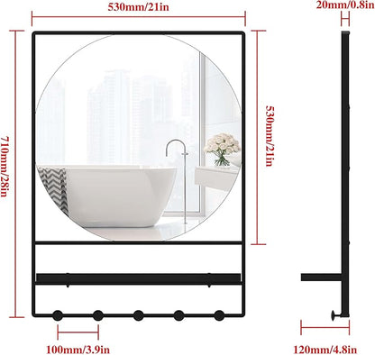 Wall Mirror with Shelf and Hooks, 21" X 28" Metal Framed Bathroom Mirror with Shelf, Decorative Mirror for Bathroom, Entryway, Bedroom, Living Room (Black, 21 x 28)