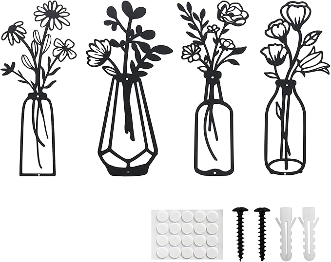 ZOES HOMDECO 4 Pcs Metal Flowers Wall Art Modern Farmhouse Decor Black Bathroom Wall Decor, Housewarming Gifts for Living Room Kitchen Bedroom Dining Room Office