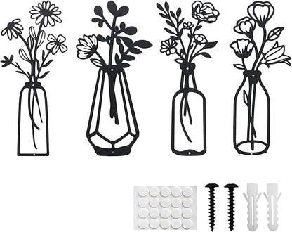 ZOES HOMDECO 4 Pcs Metal Flowers Wall Art Modern Farmhouse Decor Black Bathroom Wall Decor, Housewarming Gifts for Living Room Kitchen Bedroom Dining Room Office