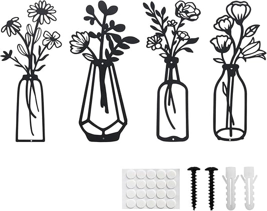 ZOES HOMDECO 4 Pcs Metal Flowers Wall Art Modern Farmhouse Decor Black Bathroom Wall Decor, Housewarming Gifts for Living Room Kitchen Bedroom Dining Room Office