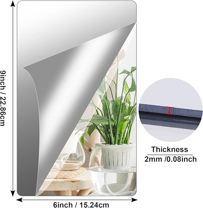 JUNEBRUSHS 8 Pack Self Adhesive Acrylic Mirror, 6X 9 Inch Mirror Tiles,Flexible Plastic Sheets Wall Stickers,2MM Thick Mirrors,Frameless Small Mirrors