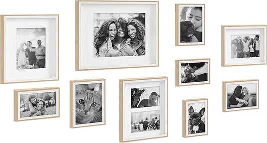 Kate and Laurel Gibson Modern Frame Set; Set of 10; White and Natural Wood; Decorative Photo Gallery Wall Frame Set with Multiple Sizes