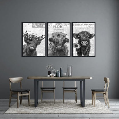 Vintage Scottish Cow Canvas Wall Art Retro Newspaper & Floral Highland Cow Poster Wall Decor Funny Farm Animal Cows Artwork for Apartment Bedroom Country Decoration 24x36inchx3pcs,Framed