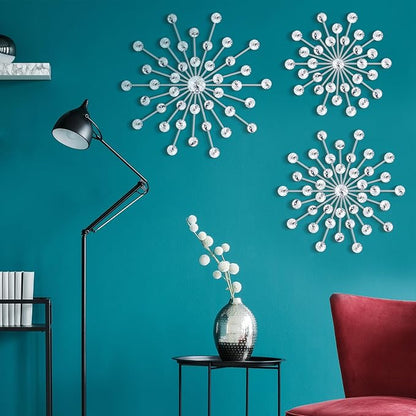 Barydat 6 Pcs Metal Starburst Wall Decor Bling Crystal Wall Art Rhinestone Sunburst Home Decoration No Punch Starburst Hanging Diamond Accents for Living Room Bedroom(25cm, 20cm, 15cm,Silver)