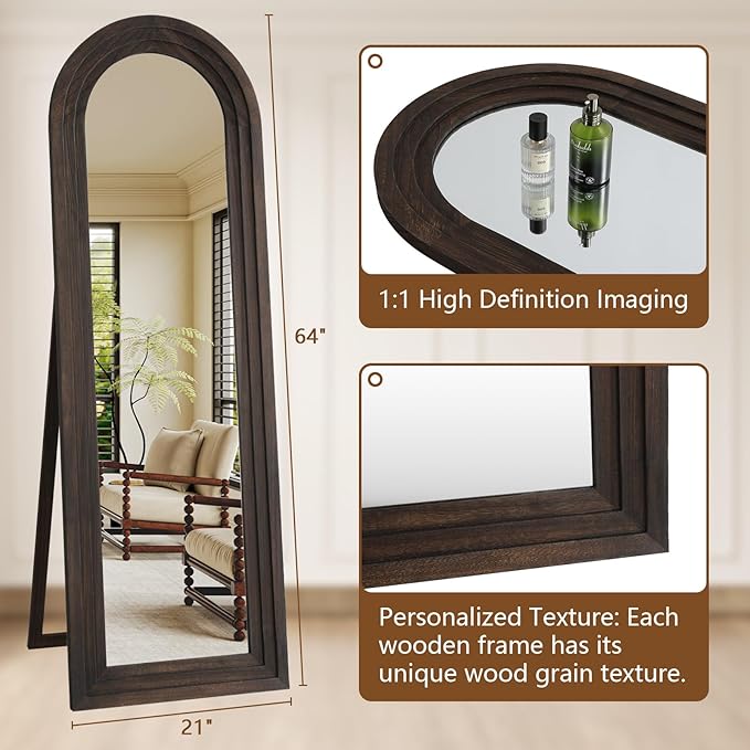 MELOMOIR Arched Full Length Mirror with Solid Wood Frame, 64"x21" Rustic Farmhouse Floor Mirror with Stand, Free Standing Leaning Hanging, for Bedroom Living Room Dressing Room Entryway, Brown