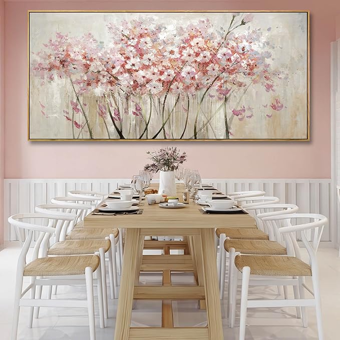 YJYart Floral Wood Wall Art Landscape Photo Prints Pink and White Canvas Poster 40"x86" Office Wall Decorations Picture for Bedroom