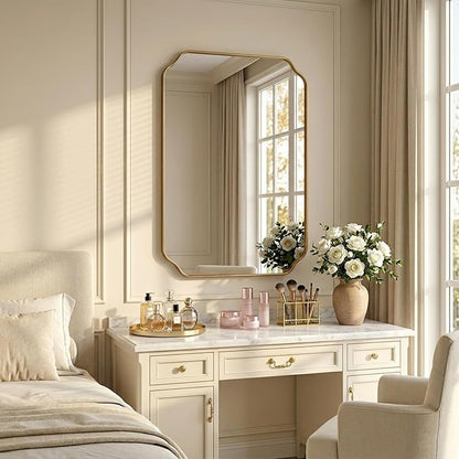 Gold Wall Mirror 32"x24", Scalloped Edge Vanity Mirror - Hangs Vertically/Horizontally Decorative Bathroom Mirror for Vanity, Bedroom & Entryway, Aesthetic Bathroom Decor