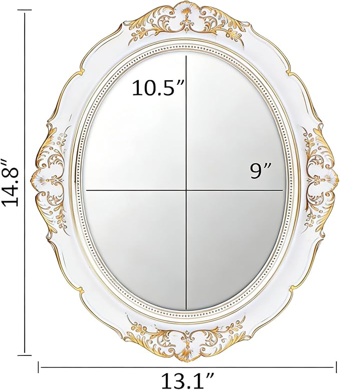 Round Resin Vintage Mirror, Wall-Mounted Decorative Mirror, Retro Hanging Mirror for Entryway, Corridor, Bedroom, Living Room Vanity (White Gold 14.5X13 Inch)