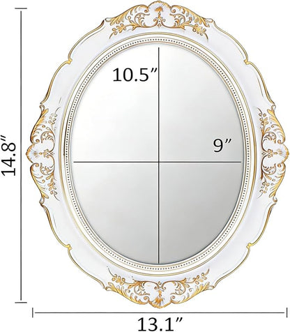 Round Resin Vintage Mirror, Wall-Mounted Decorative Mirror, Retro Hanging Mirror for Entryway, Corridor, Bedroom, Living Room Vanity (White Gold 14.5X13 Inch)