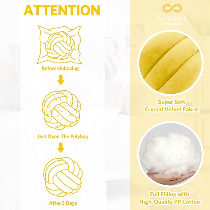 Sioloc Soft Knot Ball Pillows,Round Throw Pillow Cushion Home Decoration Plush Pillow,Throw Knotted Pillow Handmade Round Plush Pillow（13.7inches,Yellow）