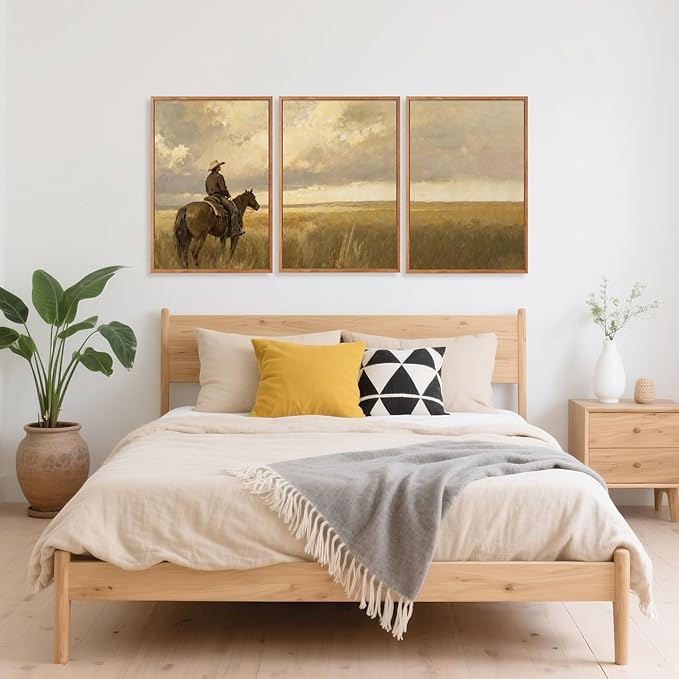 Aurlan Western Cowboy Framed Wall Art(16"x24"), 3PCS Vintage Neutral Southwestern Horse Riding Canvas Artwork, Mid Century Modern Ranch Gobi Desert Landscape Decor for Man Cave Bedroom