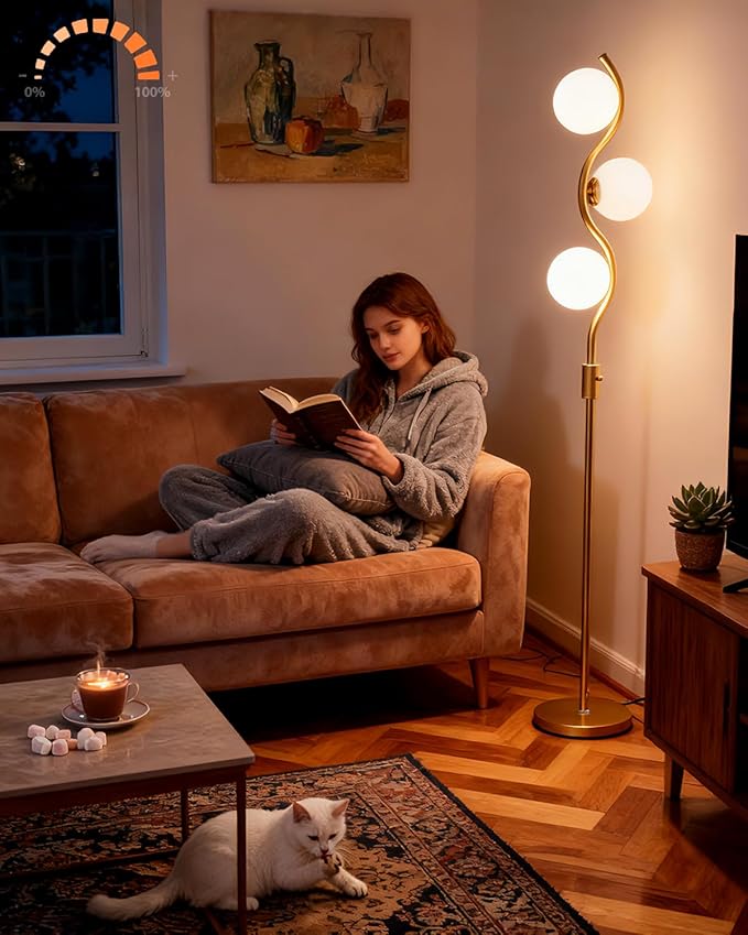 Lightdot 60IN Gold Floor Lamp Stepless Dimmable Globe Floor Lamps with 3Pcs 3000K Bulbs Included Eye-Friendly Mid Century Standing Lamps with 5Lbs Heavy Base for Living Room/Sofa Beside/Corner Decor