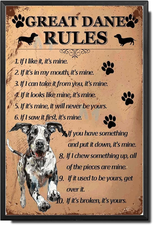 Metal Sign Tin Sign Vintage Wall Art Great Dane Rules Decor Outdoor for Restaurant 12×16 Inches with Metal Frame