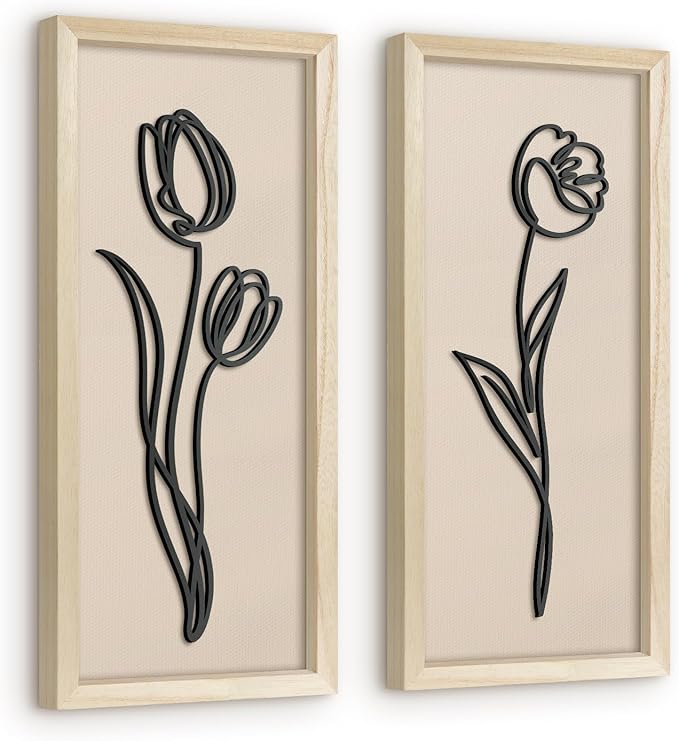 VIYYIEA Wooden 3d Floral Bathroom Wall Decor, Ready-to-Hang Framed Wall Art For Living Room, Bedroom and Office, Boho Botanical Farmhouse Decoration, Lightweight but Valuable Gift (7x16 In, set of 2)