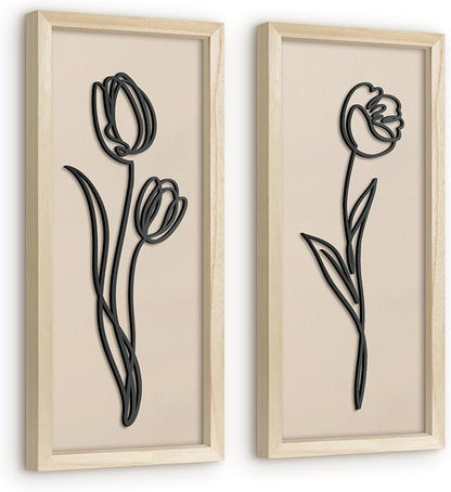 VIYYIEA Wooden 3d Floral Bathroom Wall Decor, Ready-to-Hang Framed Wall Art For Living Room, Bedroom and Office, Boho Botanical Farmhouse Decoration, Lightweight but Valuable Gift (7x16 In, set of 2)