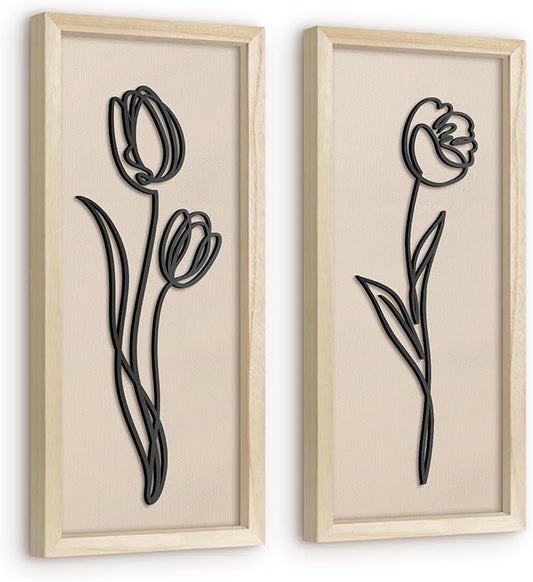 VIYYIEA Wooden 3d Floral Bathroom Wall Decor, Ready-to-Hang Framed Wall Art For Living Room, Bedroom and Office, Boho Botanical Farmhouse Decoration, Lightweight but Valuable Gift (7x16 In, set of 2)