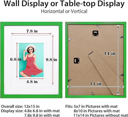 KINLINK 11x14 Picture Frame Grass Green, Solid Wood Frames with Acrylic Plexiglass for Pictures 5x7/8x10 with Mat or 11x14 without Mat, Tabletop and Wall Mounting Display, 4 Pack