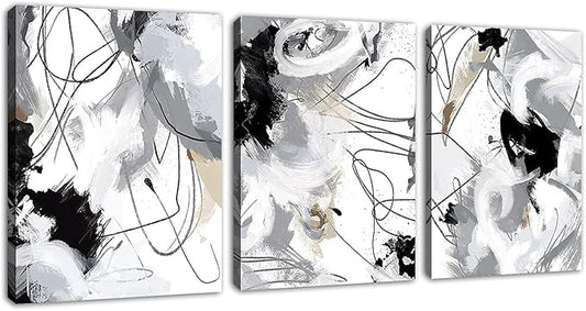 Abstract Canvas Wall Art for Bedroom Bathroom Living Room Wall Decor Black White Grey Modern Abstract Canvas Pictures Abstract Prints Artwork Home Office Wall Decoration 16" x 24" x 3 Pieces
