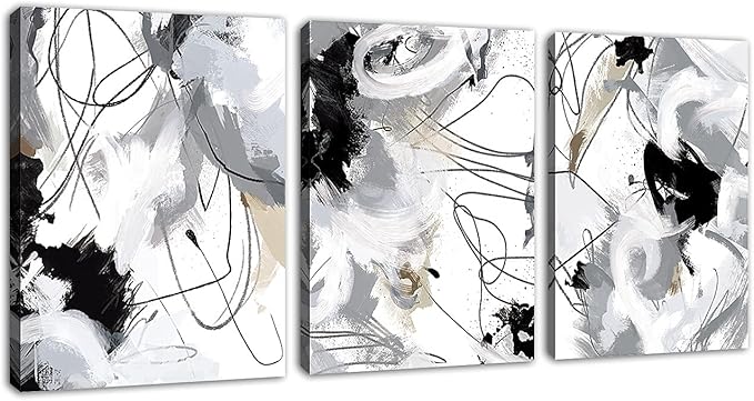 Abstract Canvas Wall Art for Bedroom Bathroom Living Room Wall Decor Black White Grey Modern Abstract Canvas Pictures Abstract Prints Artwork Home Office Wall Decoration 12" x 16" x 3 Pieces