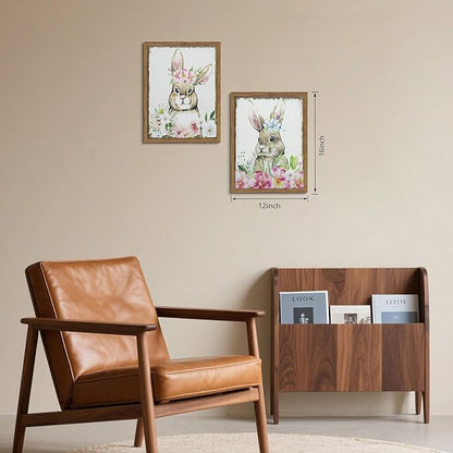 Framed Vintage Easter Wall Art Decor, Easter Bunny Picture Wall Decorations Set of 2, Spring Rustic Rabbit Poster Prints Painting for Kids Room Living Room Bedroom 12x16 Inch