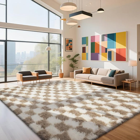 Checkered Rug for Living Room, 8x10 Beige and White Area Rugs, Classic Checkered Carpets Shag Area Rug, Bedside Rugs for Living Room Bedroom Kids Room Home Decor