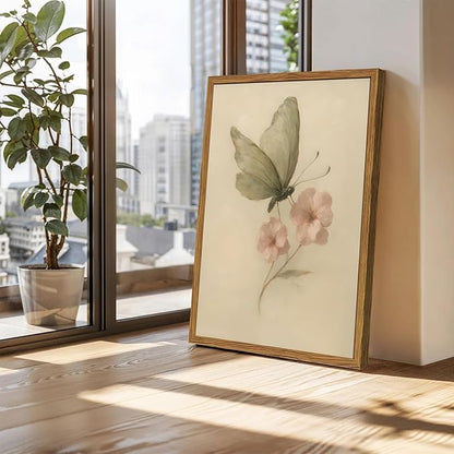 Framed Vintage Wall Art, Butterfly and Pink Floral Pictures Wall Decor, Retro Flower Moth Painting Canvas Prints Cottagecore Home Decor Aesthetic for Living Room Bedroom Bathroom 12x16 inch