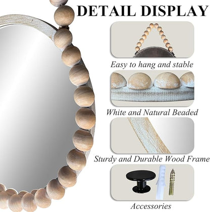 POZINO Wood Round Mirror, 28" Rustic Farmhouse Wall Hanging Mirror with Wooden Beaded Frame, Boho Circle Mirror for Bathroom Bedroom Living Room Hallway Entryway Fireplace