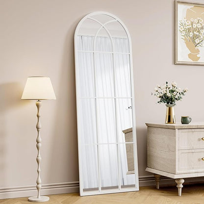 OGCAU Full Length Arched Floor Mirror, 65"x22" Window Pane Design, Decorative Hanging or Leaning, Full Body with Iron Frame for Bedroom Living Room (White)
