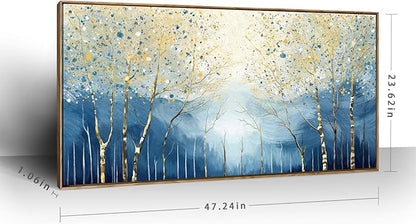 Large Framed Modern Living Room Canvas Wall Art, Abstract Plant Landscape Print Picture, Blue And Yellow Birch Forest Art Decor For Bedrooms, Dining Rooms, Balconies, Entryways, And Offices. 48X24 Inches.