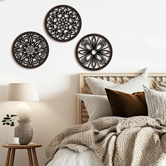 Ferraycle 6 Pieces Thicken Rustic Wall Decor Farmhouse Wall Art Wooden Round Art Hanging Decoration Hollow Carved for Living Room Bedroom Kitchen Office Apartment Hallway(Black Brown)