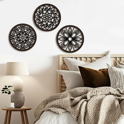 Ferraycle 6 Pieces Thicken Rustic Wall Decor Farmhouse Wall Art Wooden Round Art Hanging Decoration Hollow Carved for Living Room Bedroom Kitchen Office Apartment Hallway(Black Brown)