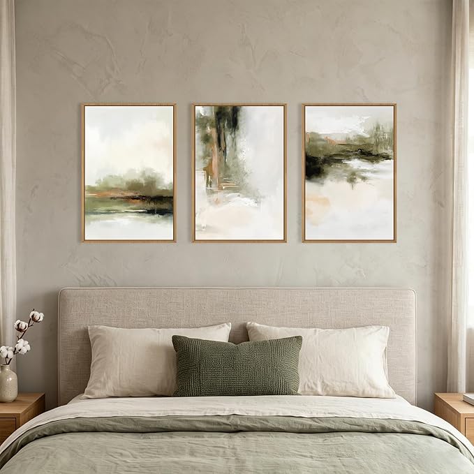 KAIRNE Green Abstract Neutral Framed Canvas Wall Art Set,Modern Watercolor Shapes Wall Decor,Minimalist Pastel Art Prints,Brown Gray Tan Artwork for Living Room,Bedroom,Farmhouse,Office-16 x24 x3