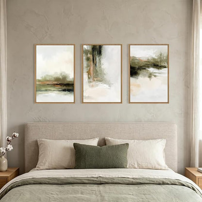 KAIRNE Green Abstract Neutral Framed Canvas Wall Art Set,Modern Watercolor Shapes Wall Decor,Minimalist Pastel Art Prints,Brown Gray Tan Artwork for Living Room,Bedroom,Farmhouse,Office-16 x24 x3