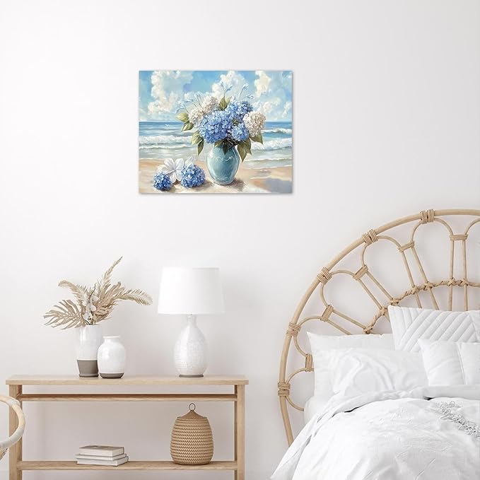 LB Blue Hydrangea Beach Wall Art Blue and White Floral Coastal Ocean Canvas Wall Art Modern Aesthetic Wall Decor for Bedroom Bathroom Living Room Framed Artwork Ready to Hang 16L x 20W