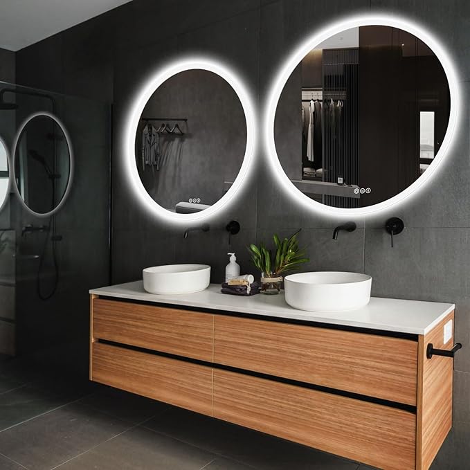 S·BAGNO 28’’ Round Led Bathroom Mirror with Lights, Backlit and Front Lighted, Anti-Fog Wall-Mounted Vanity Mirror 3000K/4000K/6500K, Dimmable Inside Bluetooth Speaker Smart Mirror