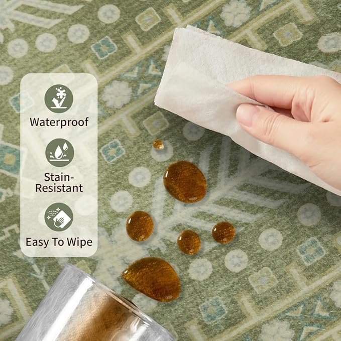 Rugxara 5x7 Washable Area Rugs for Bedroom & Living Room - Floral Boho Vintage Rug,Soft & Non-Slip,Low Pile Wool Carpet for Indoor Dining Room,Girls Room,Nursery Room and Kids Room(Olive Green)