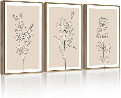 Drsoum Black Line Flower Wall Art Vintage Floral Minimalist Wall Hanging Decor Bohemain Botanical Prints Artwork for Office Dining Room Hallway 11x14in Natural Framed