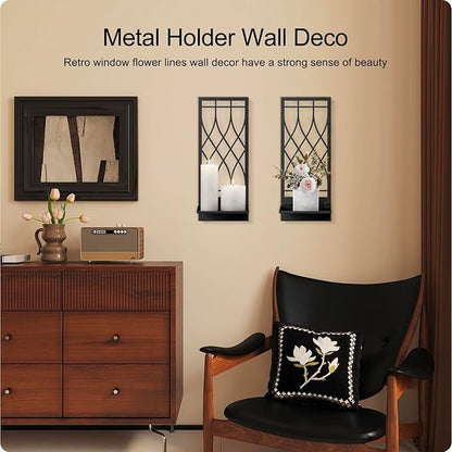 Wall Candle Holder, Black Metal Wall Art, Line Wall Candle Holder for Living Room, Dining Room, Bedroom, Bathroom (2 Pack, 16.5 x 7 in)