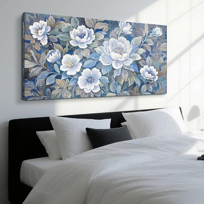 amatop Large Blue White And Gray Canvas Wall Art, Modern Natural Abstract Prints Of Plants For Living Rooms; Unique Blooming Flower Artwork For Bedrooms, Bathrooms, Dining Rooms, And Studies. 48X24In
