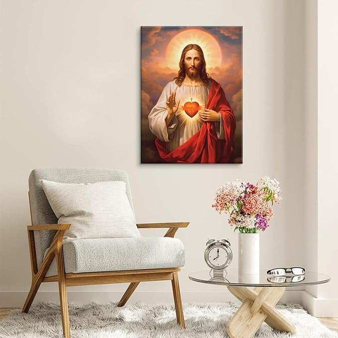 Sacred Heart of Jesus Canvas Wall Art Divine Mercy Painting Picture Wall Decor Religious Christ Jesus Portrait Poster Prints Artwork for Dining Living prayer Room Bedroom Home Decor 8x10in canvas