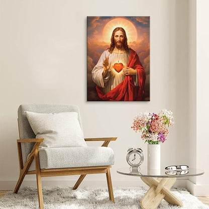 Sacred Heart of Jesus Canvas Wall Art Divine Mercy Painting Picture Wall Decor Religious Christ Jesus Portrait Poster Prints Artwork for Dining Living prayer Room Bedroom Home Decor 16x24in canvas