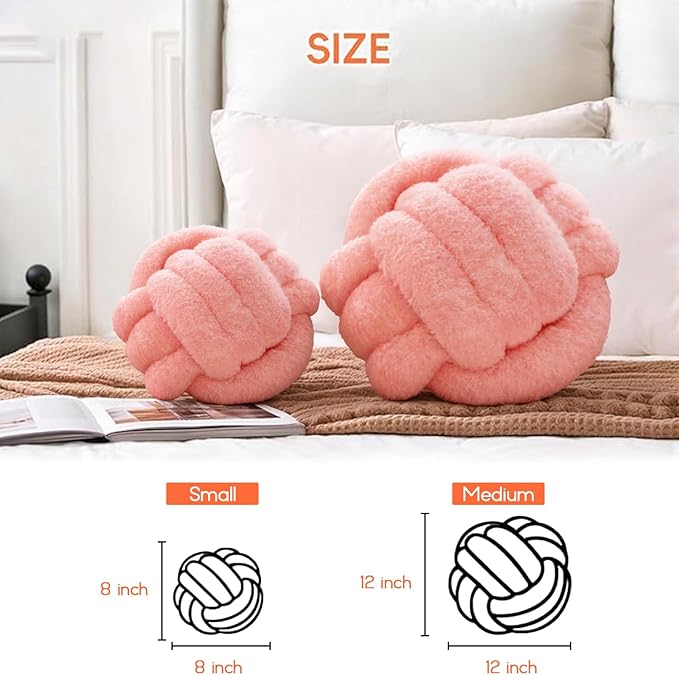 Knot Pillow Ball Plush - Decorative Throw Pillows for Bed Relieve Stress, Round Knot Cushion for Sofa Decor Pet Toy, Pink 8 inch