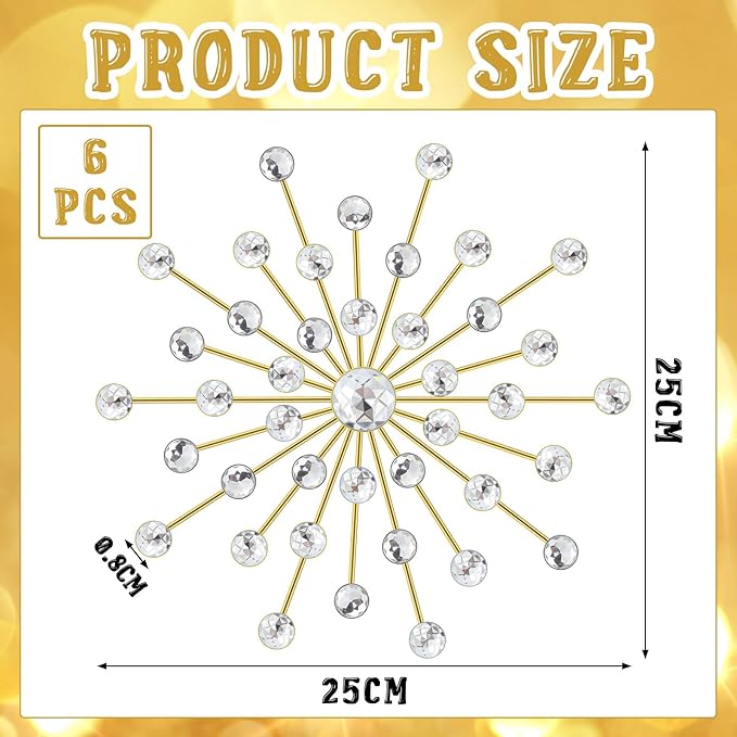 Barydat 6 Pcs Metal Starburst Wall Decor Bling Crystal Wall Art Rhinestone Sunburst Home Decoration No Punch Starburst Hanging Diamond Accents for Living Room Bedroom(25cm,Gold)